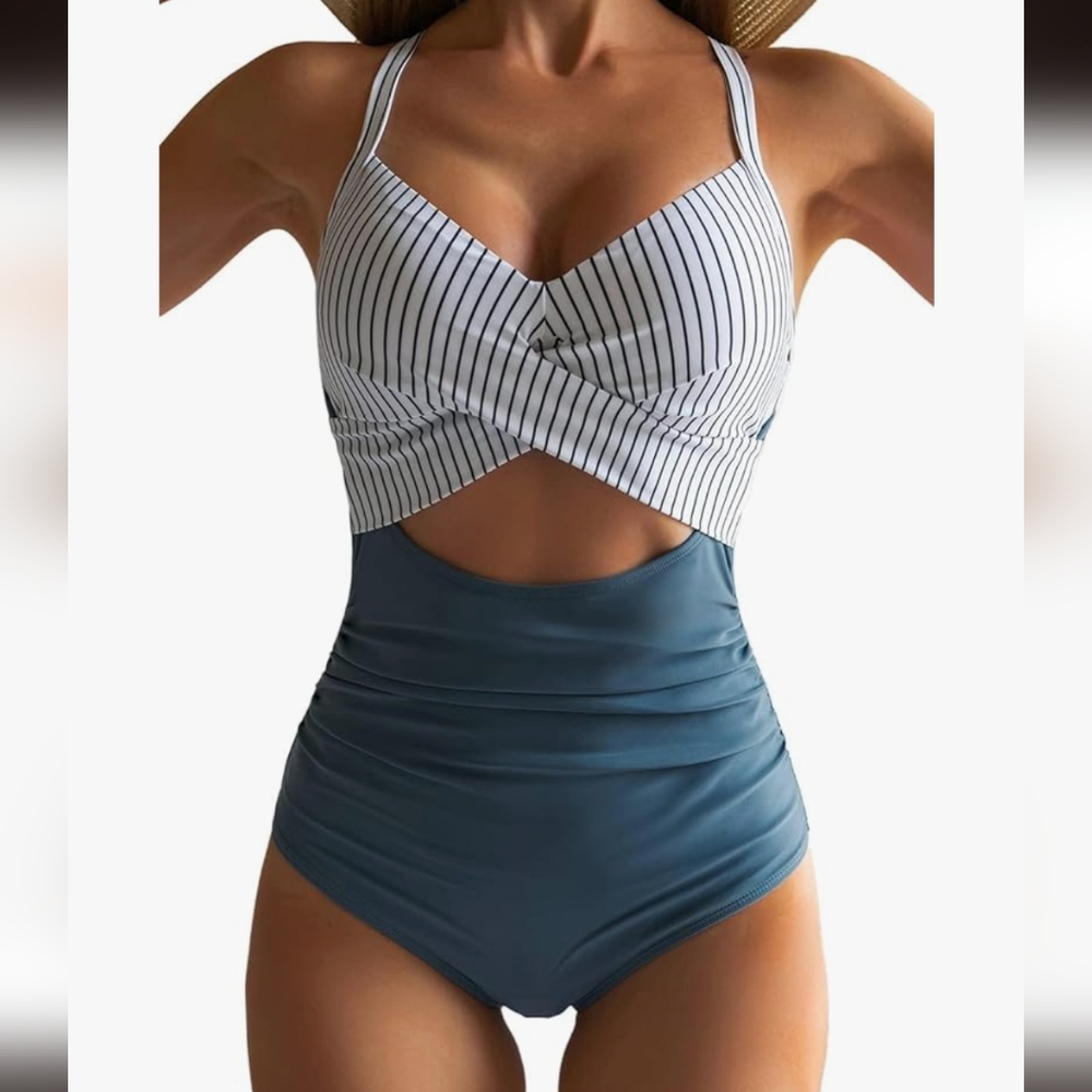 NWT Blue & White Eomenie Women's One Piece Swim Suit, sz L